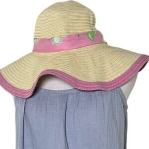 Lilly Pulitzer Straw Sun Hat Wide Brim Pink Trim Floppy Beach Scarf Band #33499
